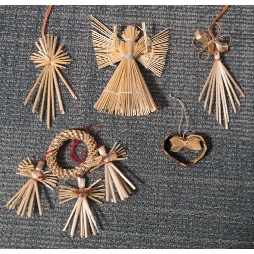 Vtg Scandinavian Woven Straw Christmas Ornaments Angel Cross Heart Folk Art